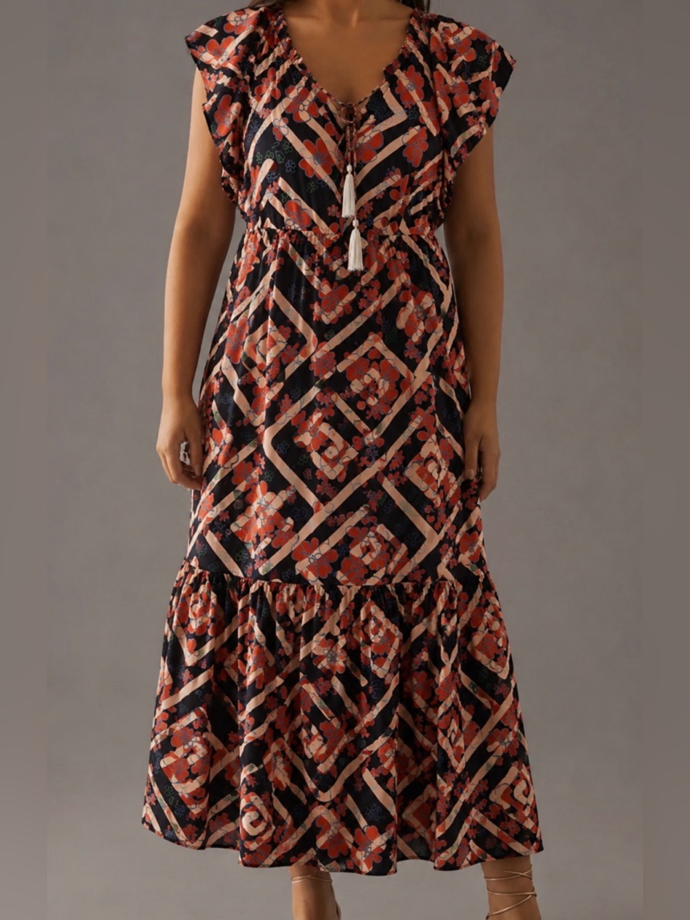 THML Black and Coral Floral Maxi Dress
